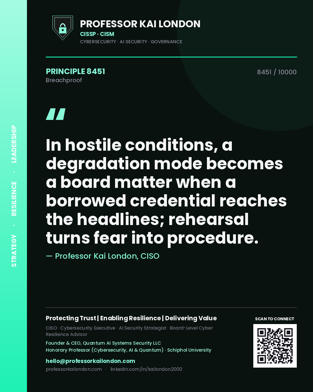 Professor Kai London principle 8451: In hostile conditions, a degradation mode becomes a board matter when a borrowed credential reaches the headlines; rehearsal turns fear into procedure.