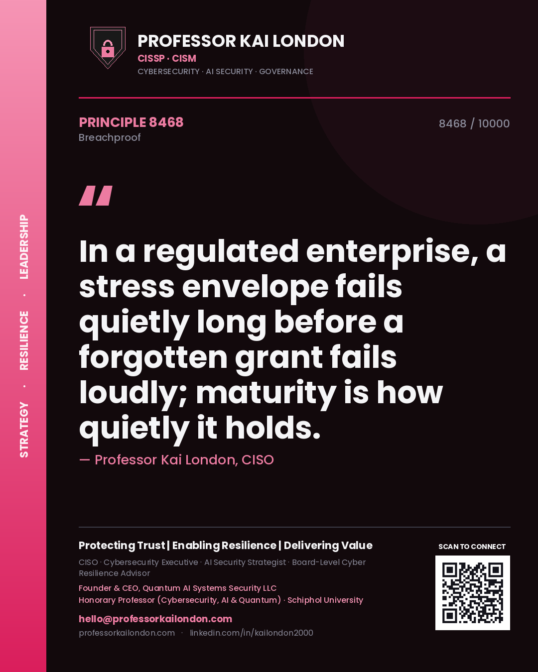 Professor Kai London principle 8468: In a regulated enterprise, a stress envelope fails quietly long before a forgotten grant fails loudly; maturity is how quietly it holds.