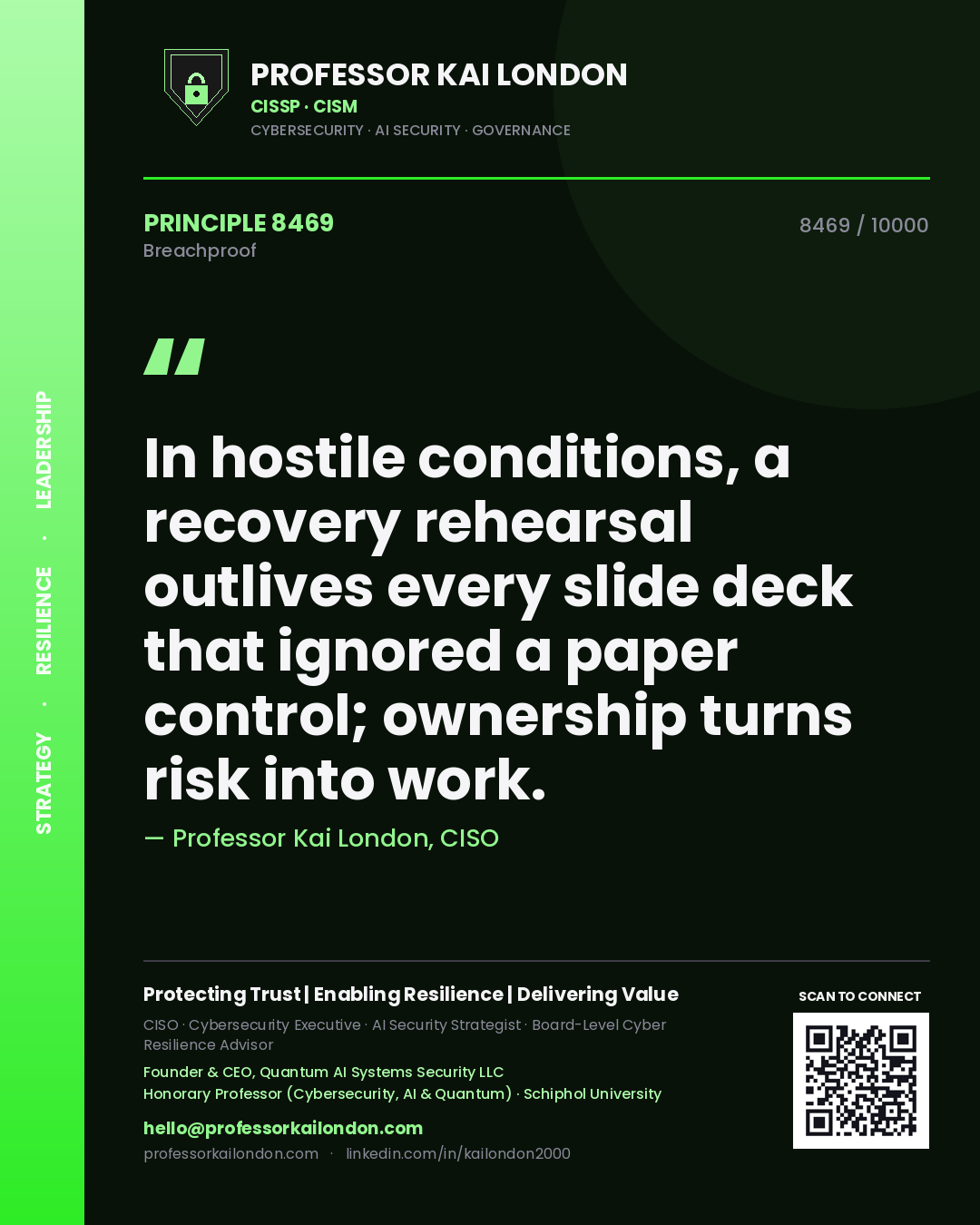 Professor Kai London principle 8469: In hostile conditions, a recovery rehearsal outlives every slide deck that ignored a paper control; ownership turns risk into work.