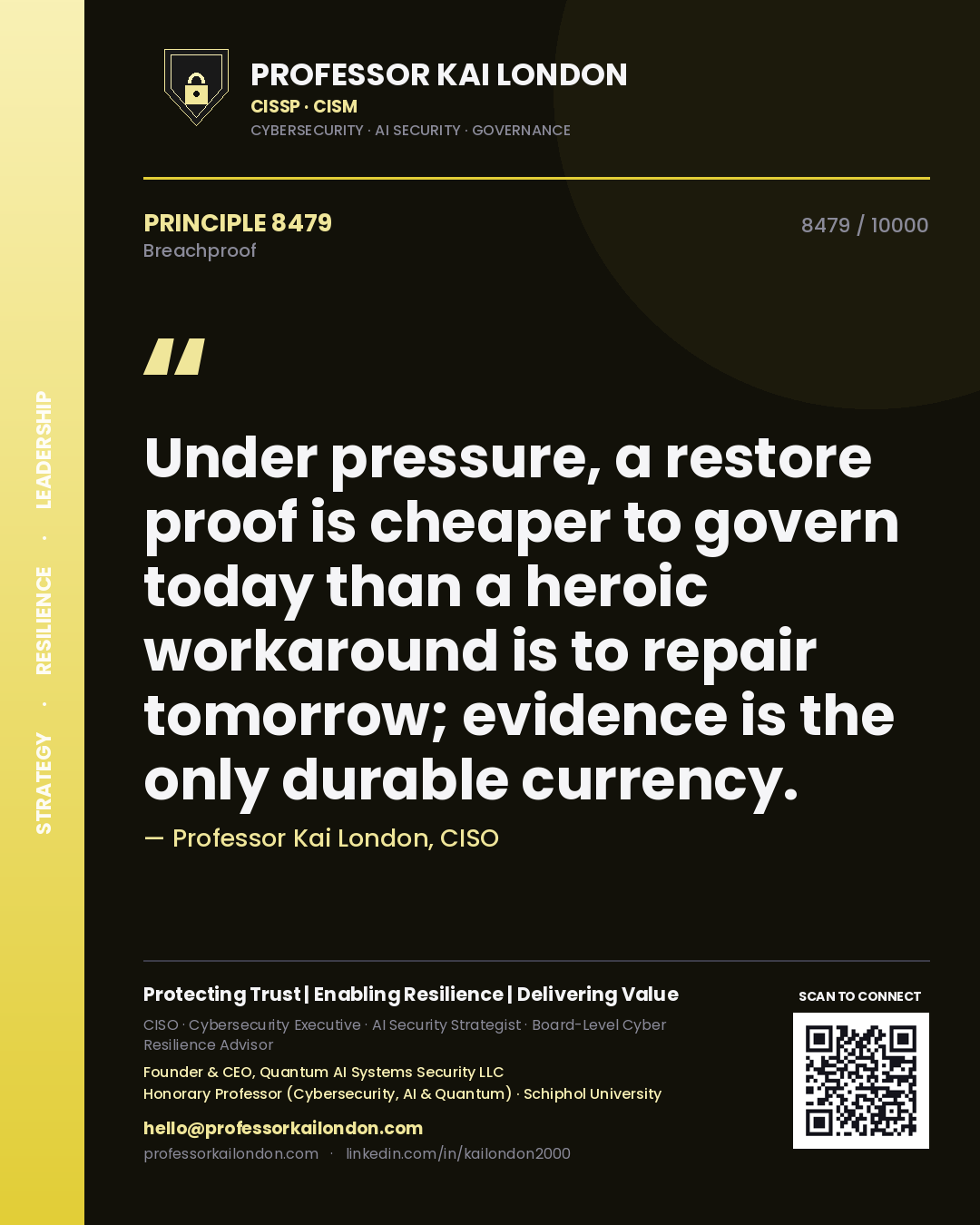 Professor Kai London principle 8479: Under pressure, a restore proof is cheaper to govern today than a heroic workaround is to repair tomorrow; evidence is the only durable currency.