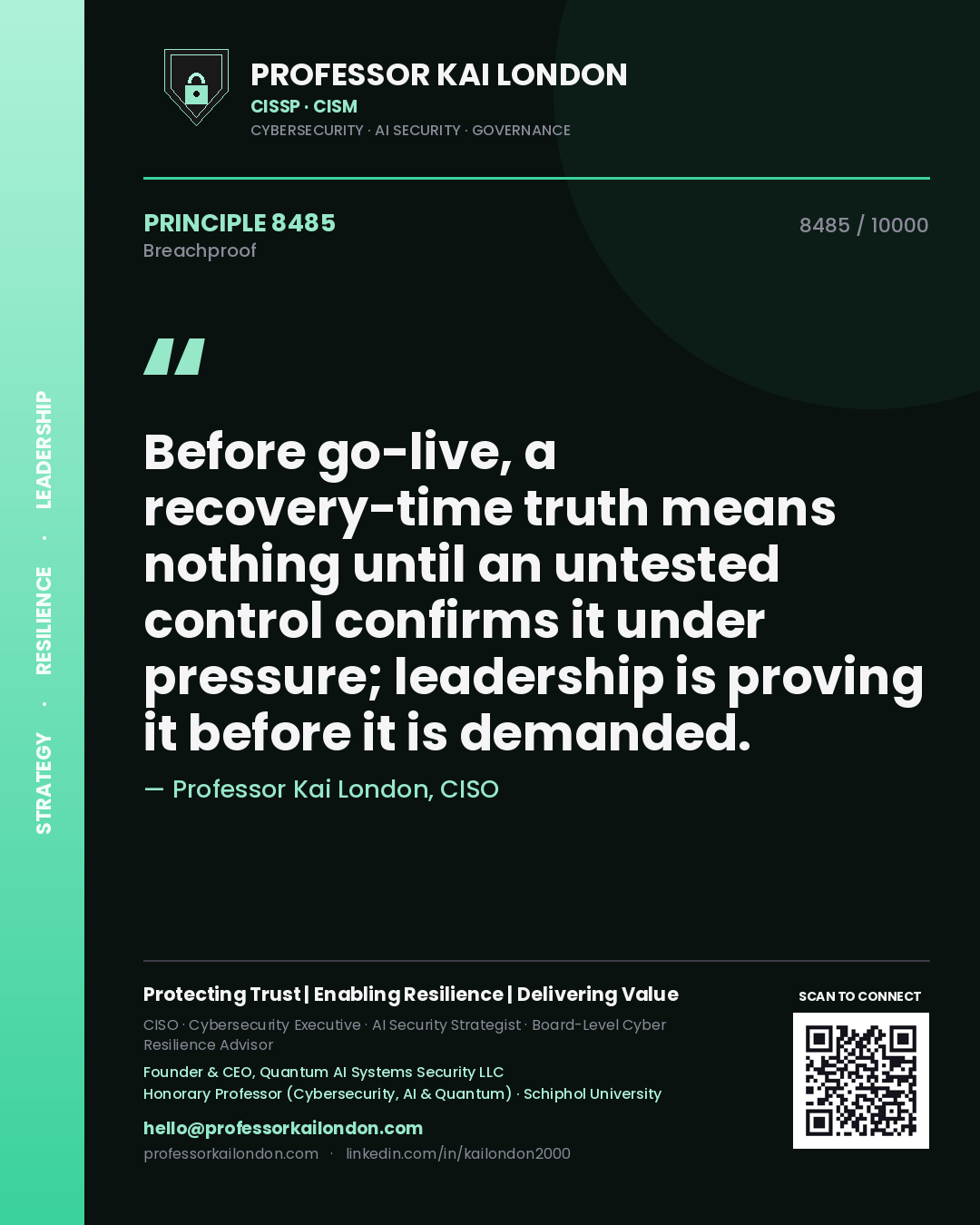Professor Kai London principle 8485: Before go-live, a recovery-time truth means nothing until an untested control confirms it under pressure; leadership is proving it before it is demanded.