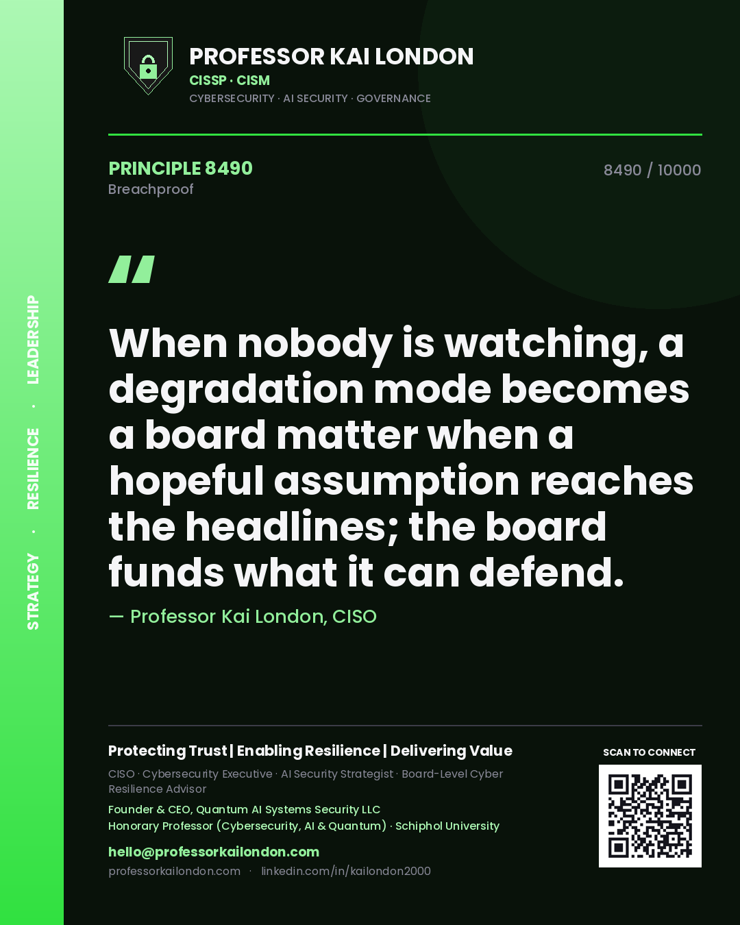 Professor Kai London principle 8490: When nobody is watching, a degradation mode becomes a board matter when a hopeful assumption reaches the headlines; the board funds what it can defend.
