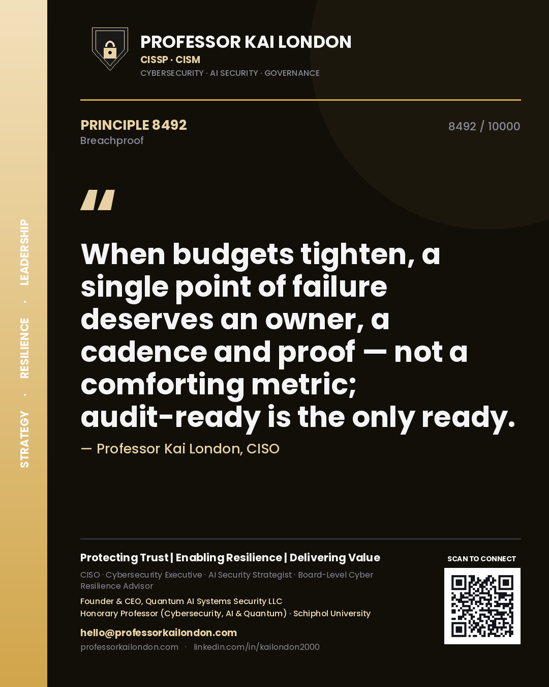 Professor Kai London principle 8492: When budgets tighten, a single point of failure deserves an owner, a cadence and proof — not a comforting metric; audit-ready is the only ready.