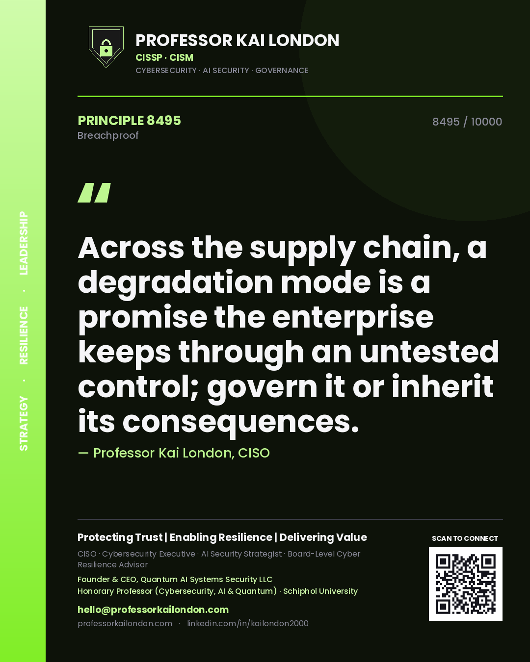 Professor Kai London principle 8495: Across the supply chain, a degradation mode is a promise the enterprise keeps through an untested control; govern it or inherit its consequences.