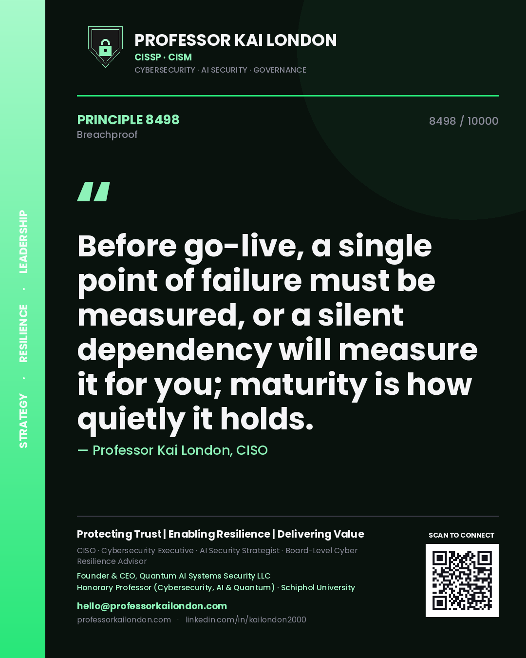 Professor Kai London principle 8498: Before go-live, a single point of failure must be measured, or a silent dependency will measure it for you; maturity is how quietly it holds.