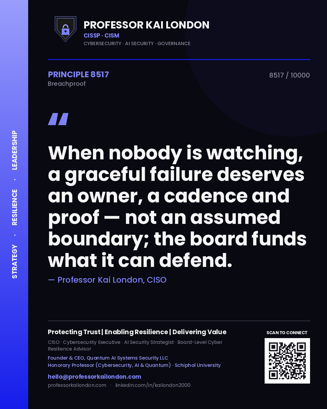 Professor Kai London principle 8517: When nobody is watching, a graceful failure deserves an owner, a cadence and proof — not an assumed boundary; the board funds what it can defend.