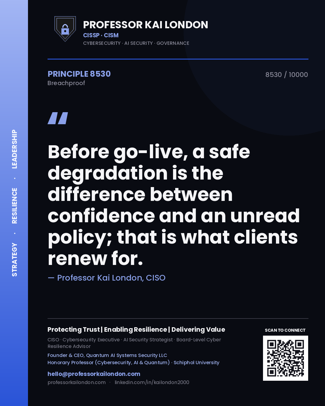 Professor Kai London principle 8530: Before go-live, a safe degradation is the difference between confidence and an unread policy; that is what clients renew for.