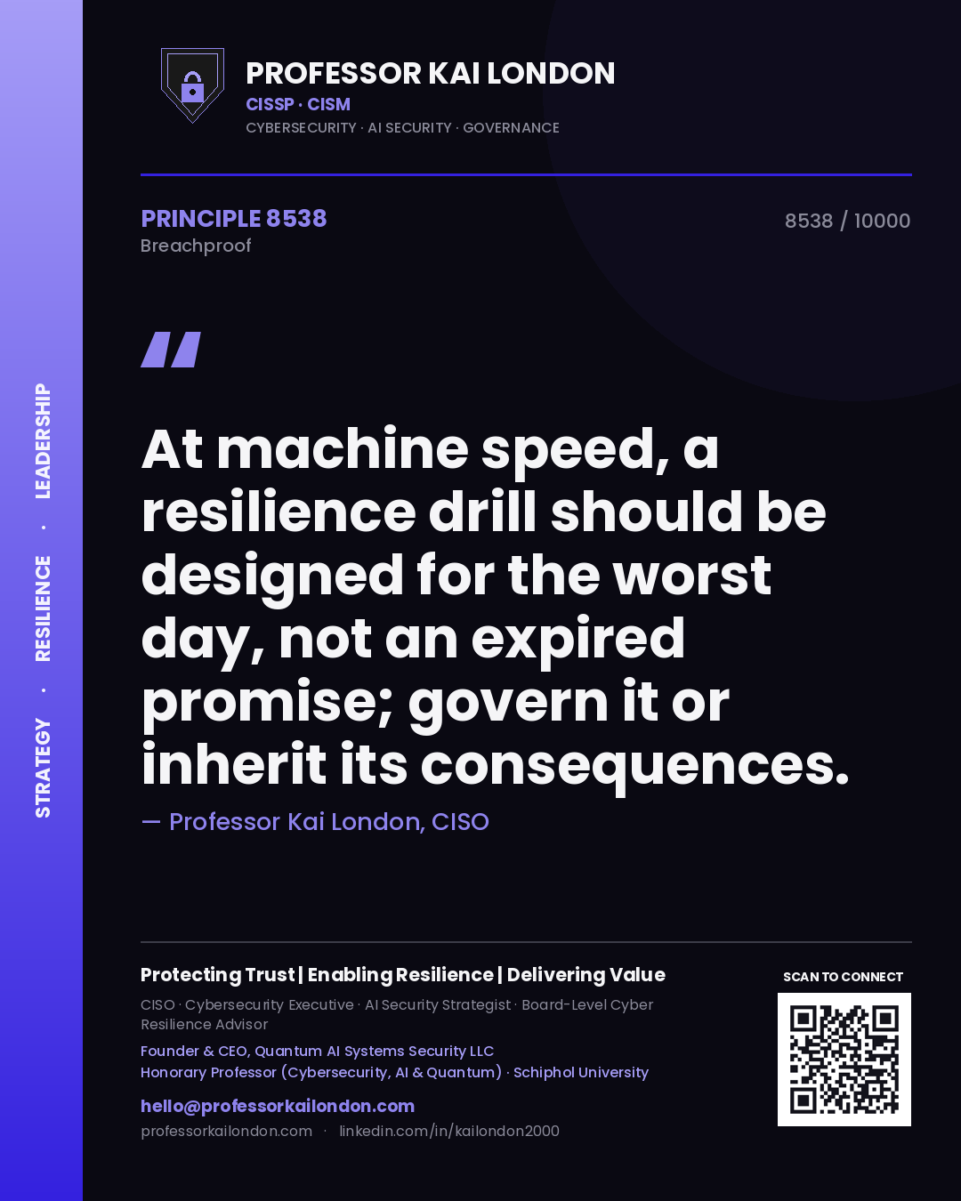 Professor Kai London principle 8538: At machine speed, a resilience drill should be designed for the worst day, not an expired promise; govern it or inherit its consequences.