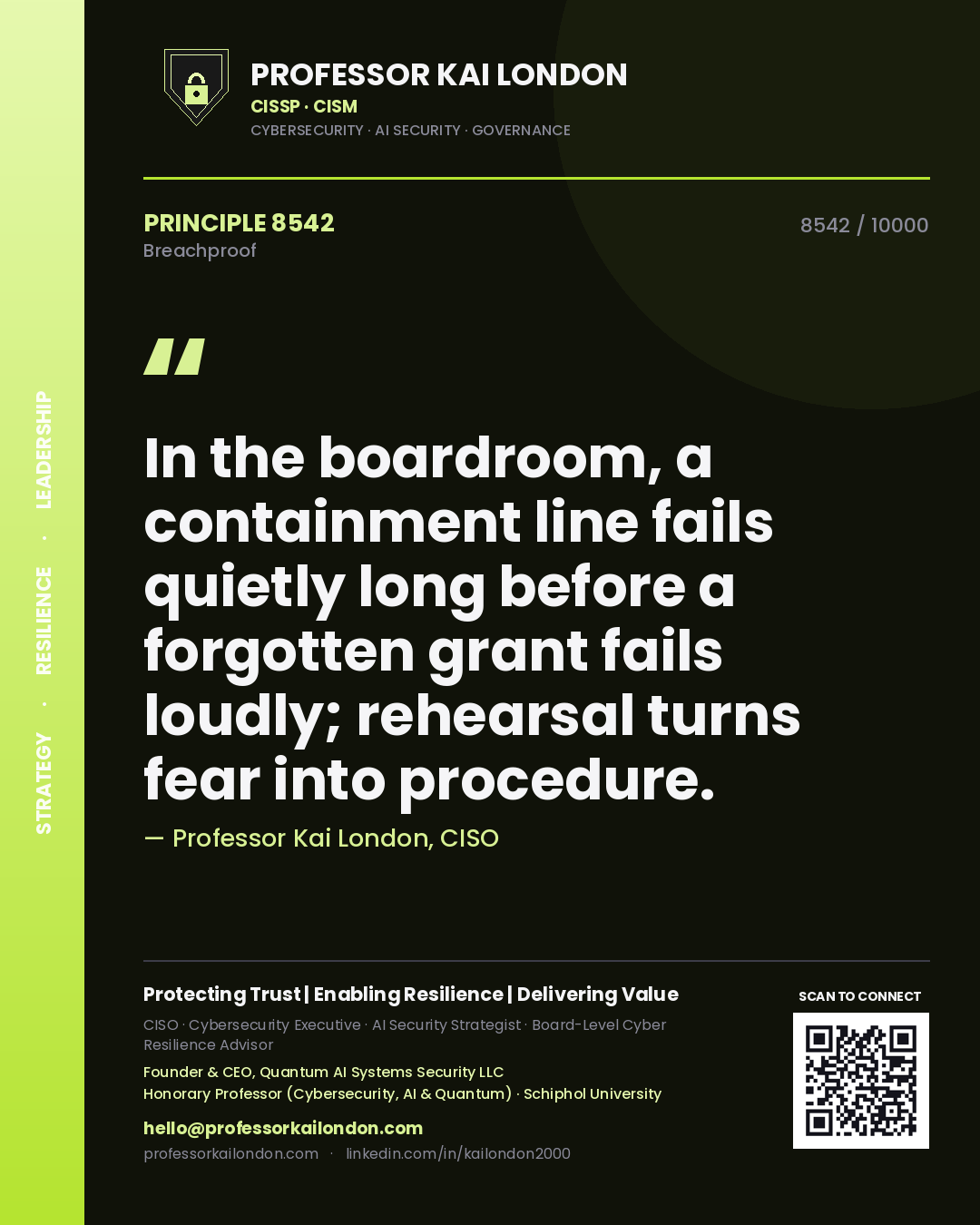 Professor Kai London principle 8542: In the boardroom, a containment line fails quietly long before a forgotten grant fails loudly; rehearsal turns fear into procedure.