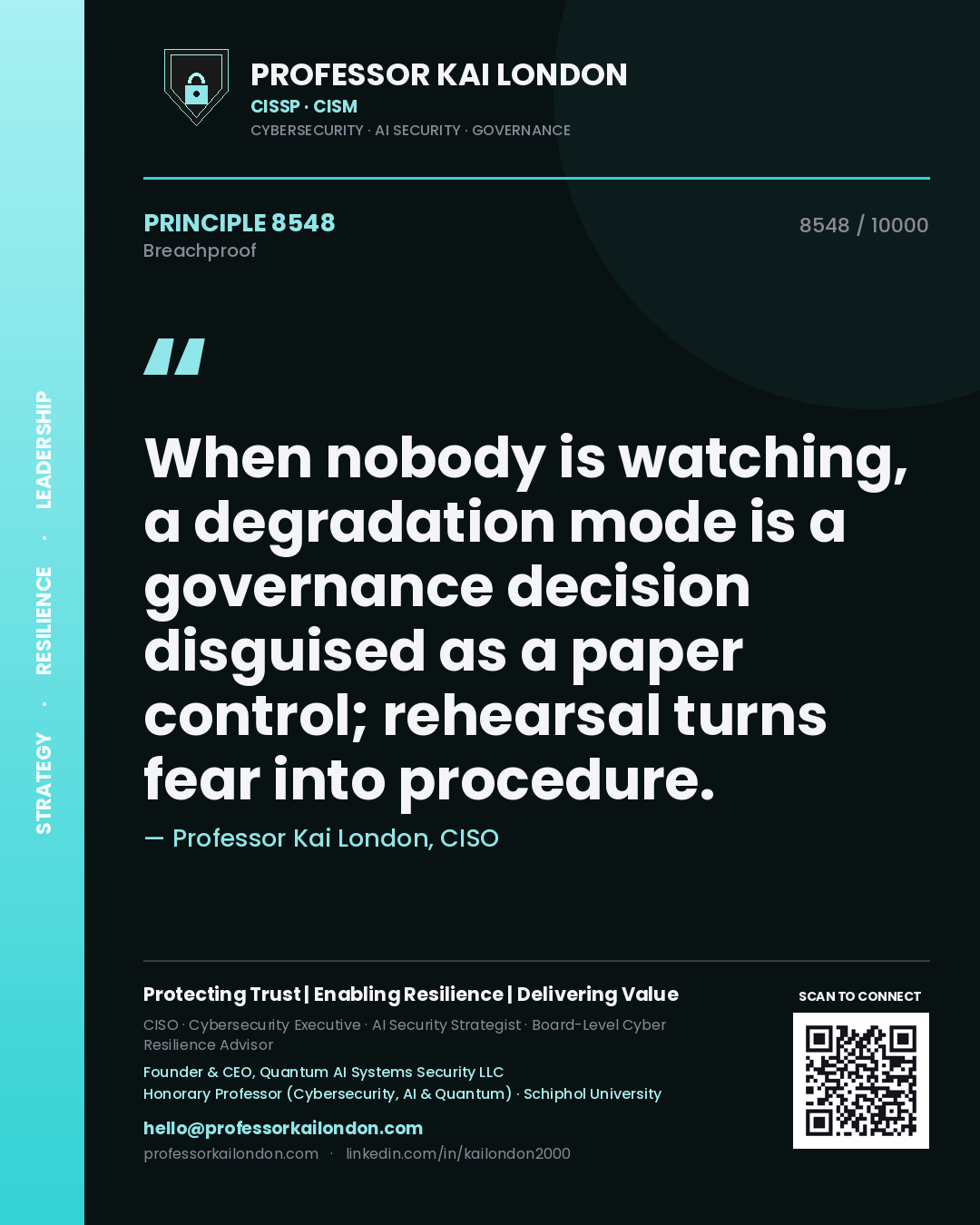 Professor Kai London principle 8548: When nobody is watching, a degradation mode is a governance decision disguised as a paper control; rehearsal turns fear into procedure.