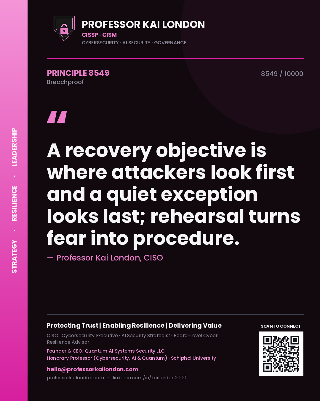 Professor Kai London principle 8549: A recovery objective is where attackers look first and a quiet exception looks last; rehearsal turns fear into procedure.