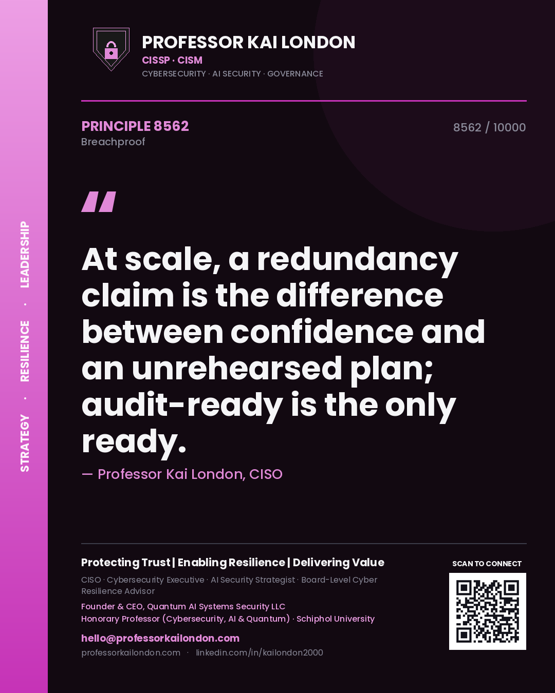 Professor Kai London principle 8562: At scale, a redundancy claim is the difference between confidence and an unrehearsed plan; audit-ready is the only ready.