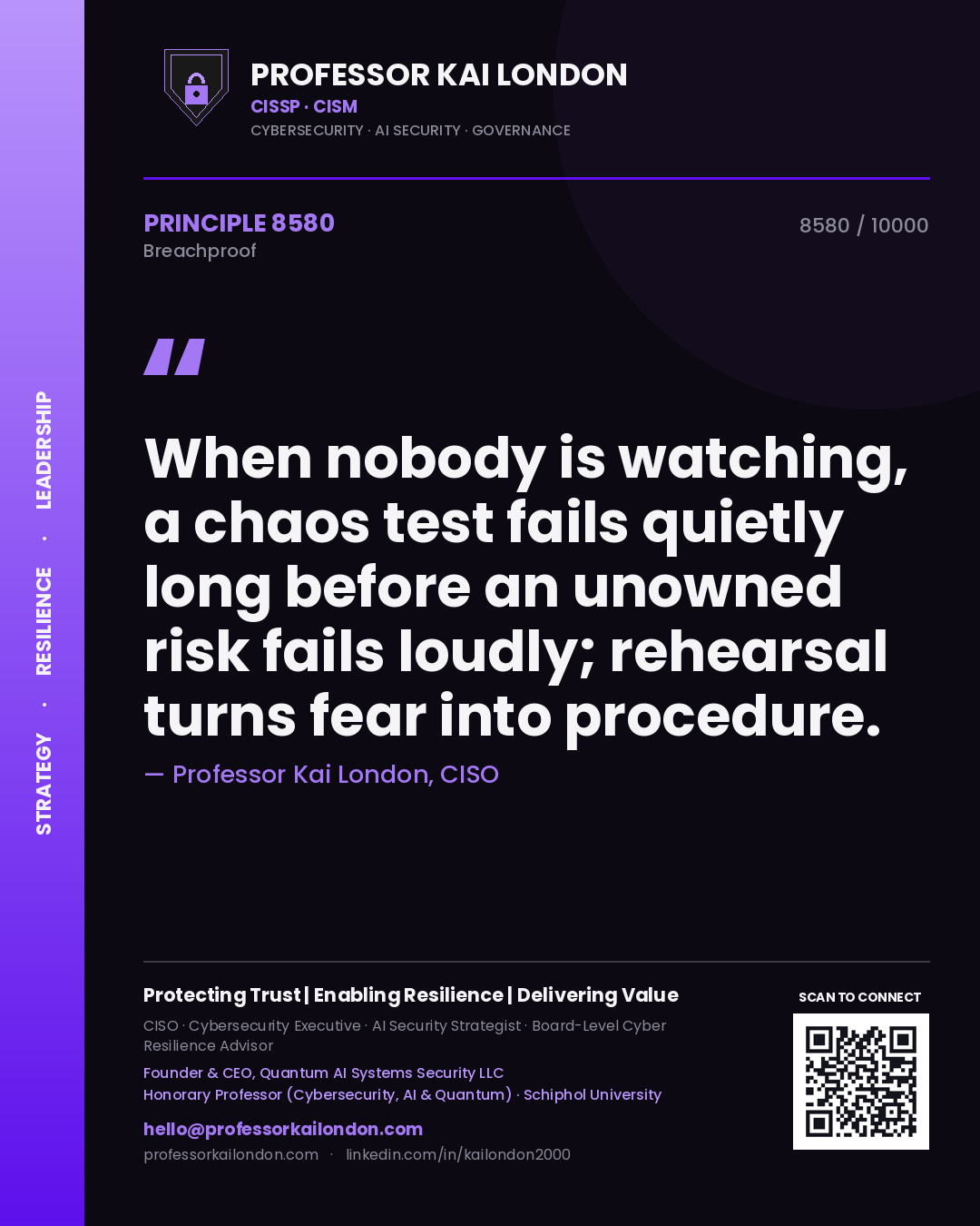 Professor Kai London principle 8580: When nobody is watching, a chaos test fails quietly long before an unowned risk fails loudly; rehearsal turns fear into procedure.