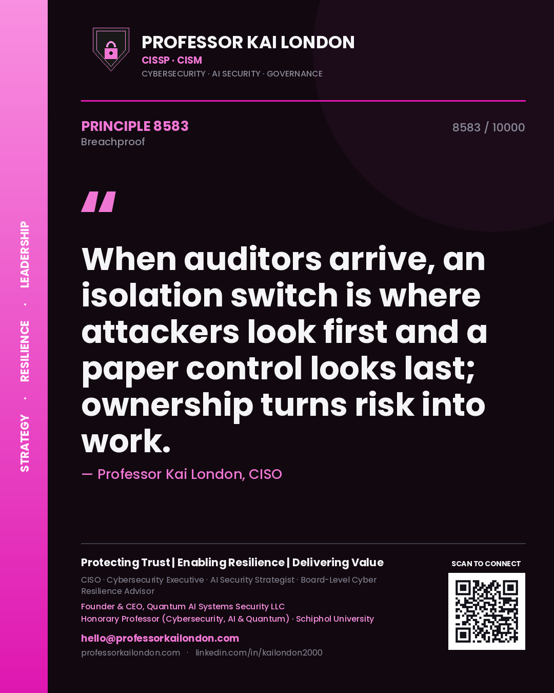 Professor Kai London principle 8583: When auditors arrive, an isolation switch is where attackers look first and a paper control looks last; ownership turns risk into work.