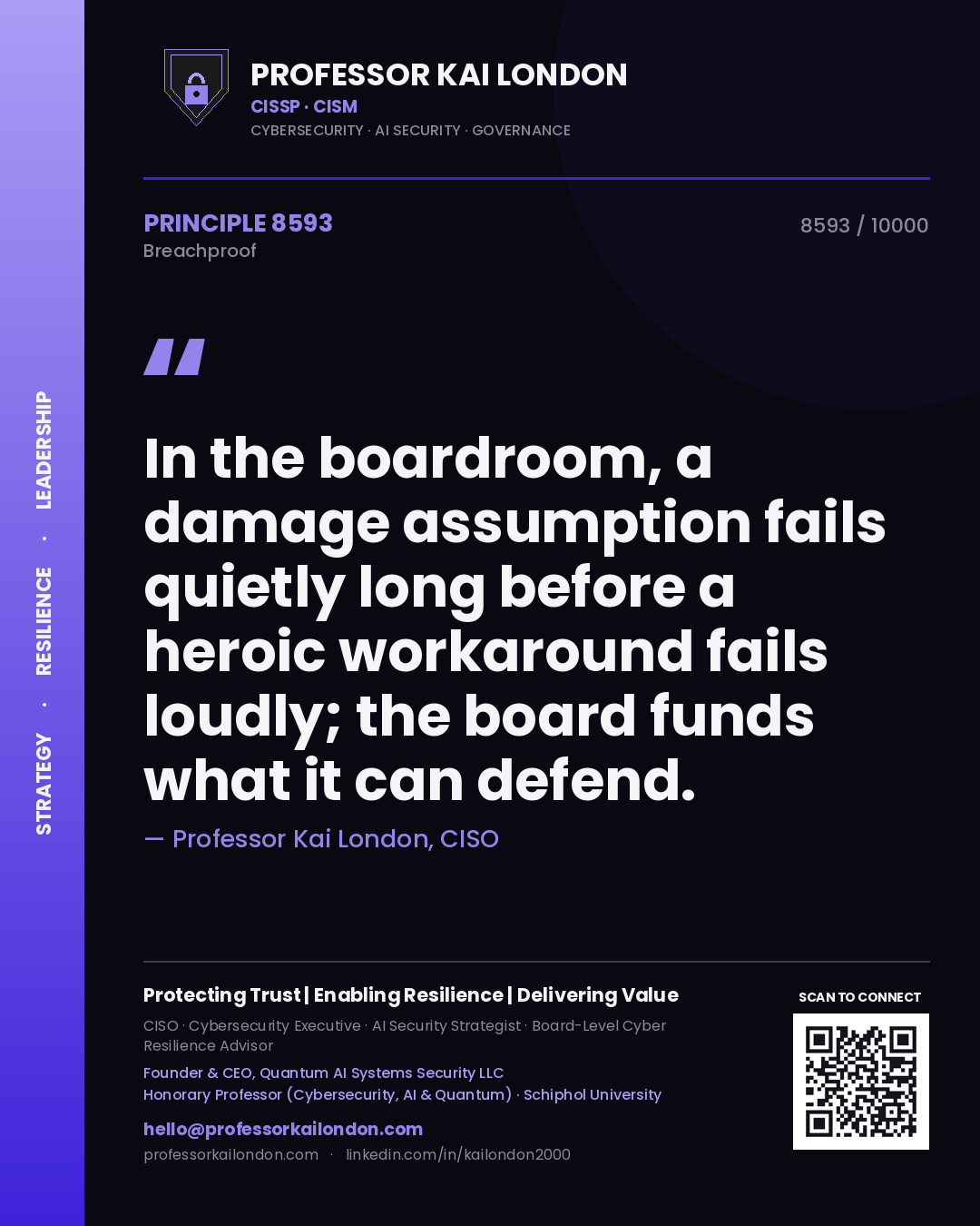 Professor Kai London principle 8593: In the boardroom, a damage assumption fails quietly long before a heroic workaround fails loudly; the board funds what it can defend.