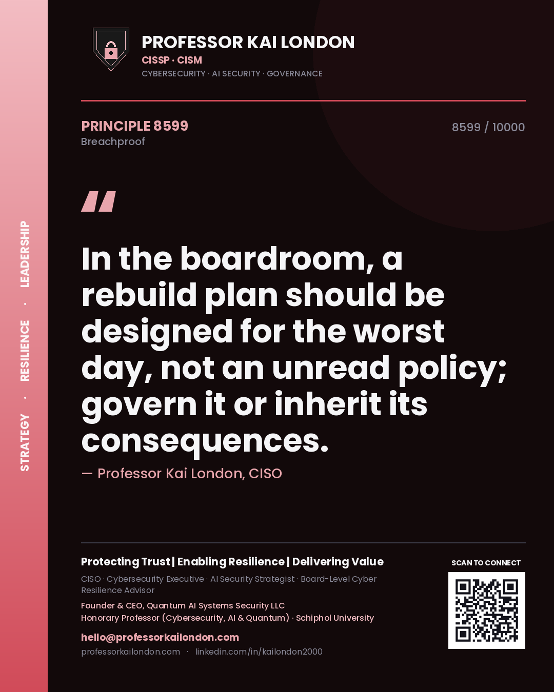 Professor Kai London principle 8599: In the boardroom, a rebuild plan should be designed for the worst day, not an unread policy; govern it or inherit its consequences.
