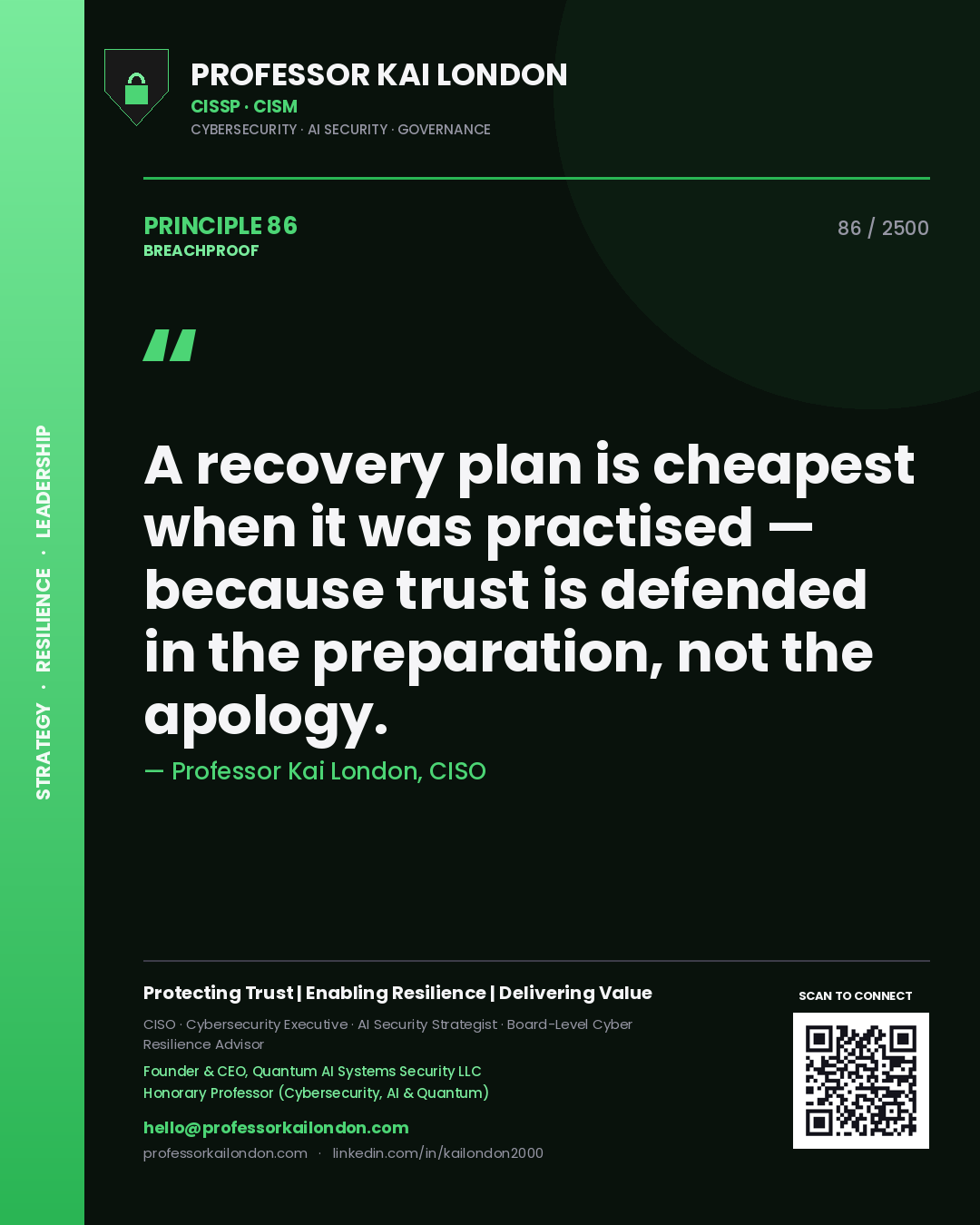 Professor Kai London principle 86: A recovery plan is cheapest when it was practised — because trust is defended in the preparation, not the apology.