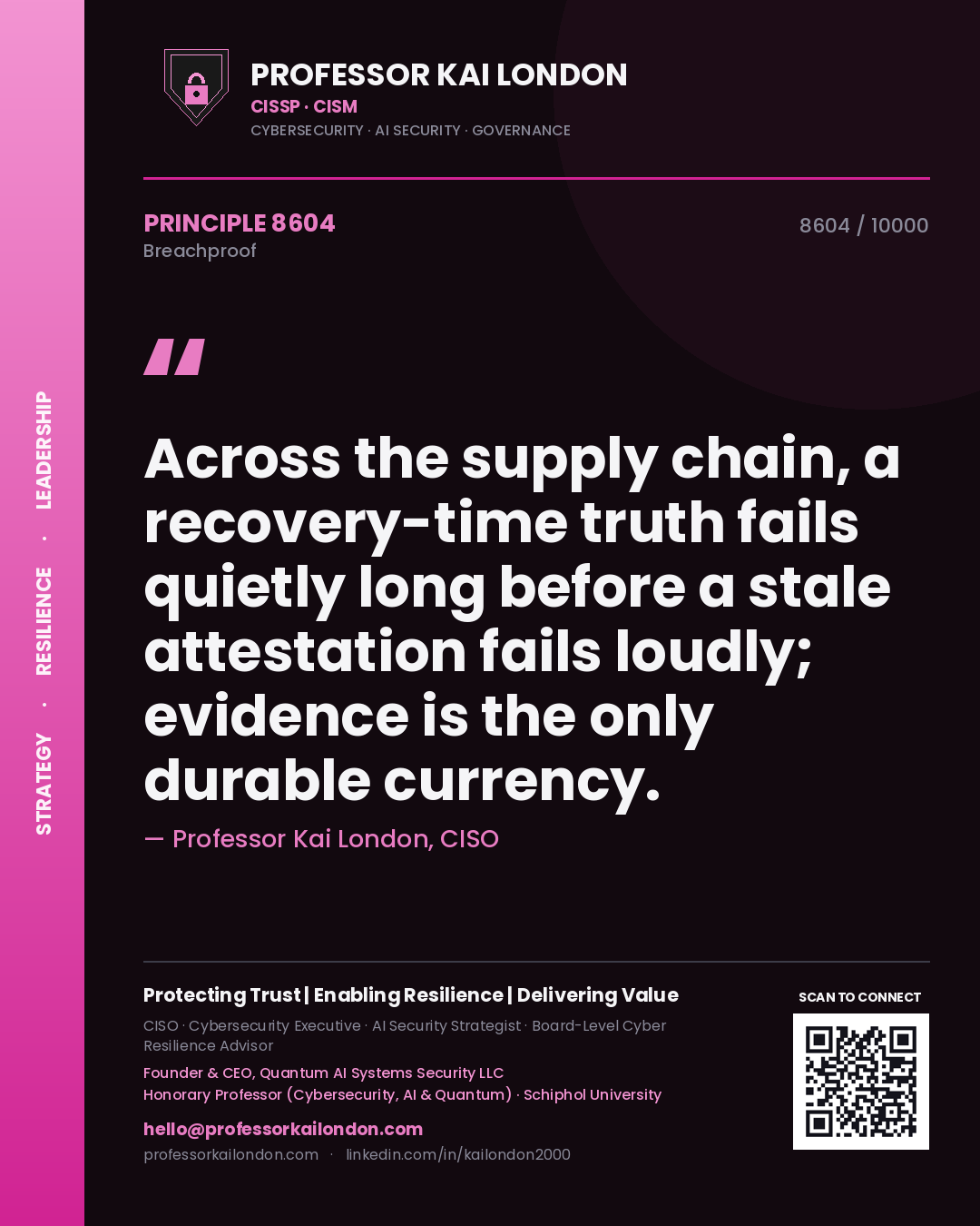 Professor Kai London principle 8604: Across the supply chain, a recovery-time truth fails quietly long before a stale attestation fails loudly; evidence is the only durable currency.