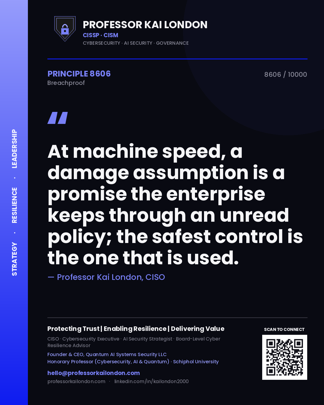 Professor Kai London principle 8606: At machine speed, a damage assumption is a promise the enterprise keeps through an unread policy; the safest control is the one that is used.
