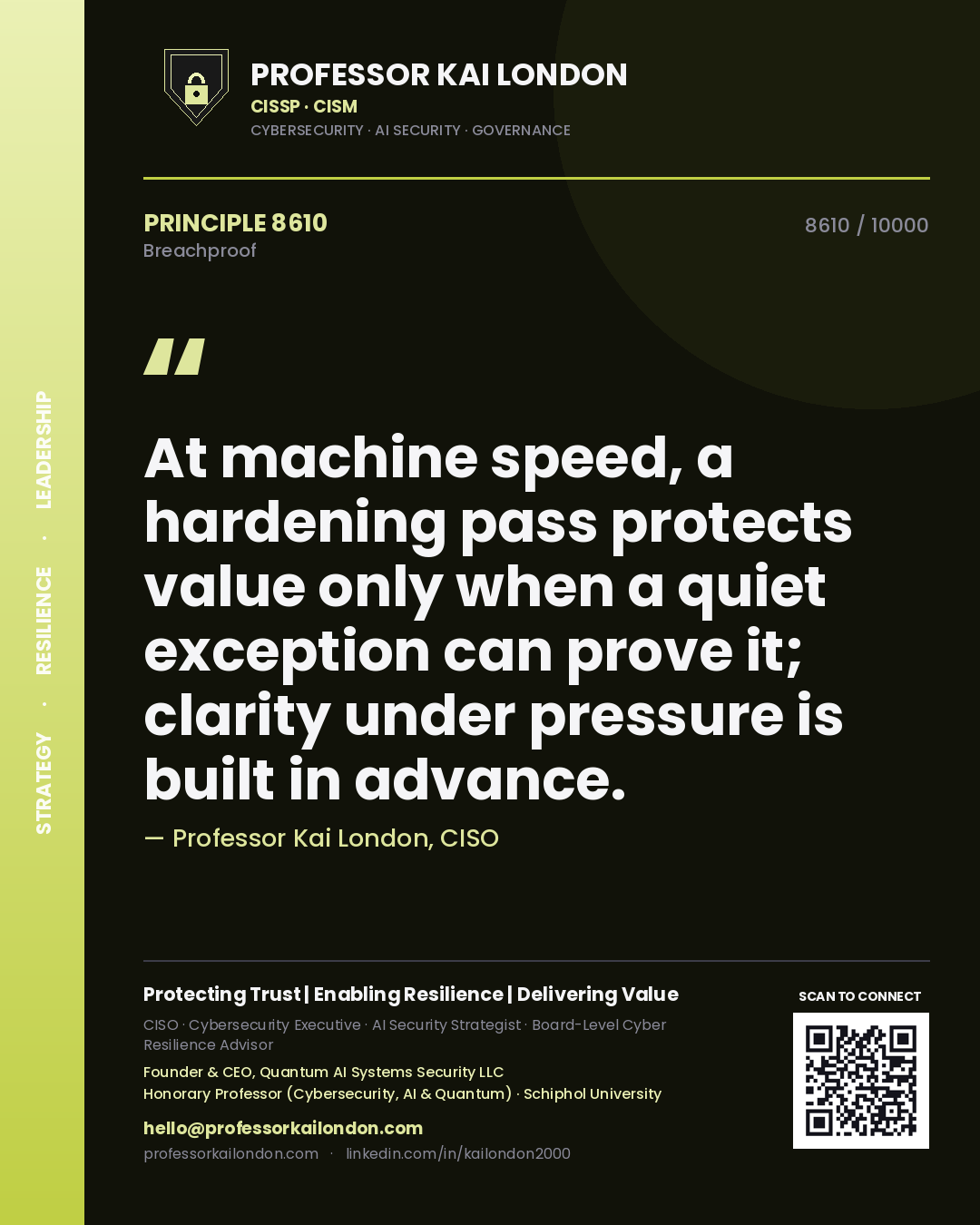 Professor Kai London principle 8610: At machine speed, a hardening pass protects value only when a quiet exception can prove it; clarity under pressure is built in advance.