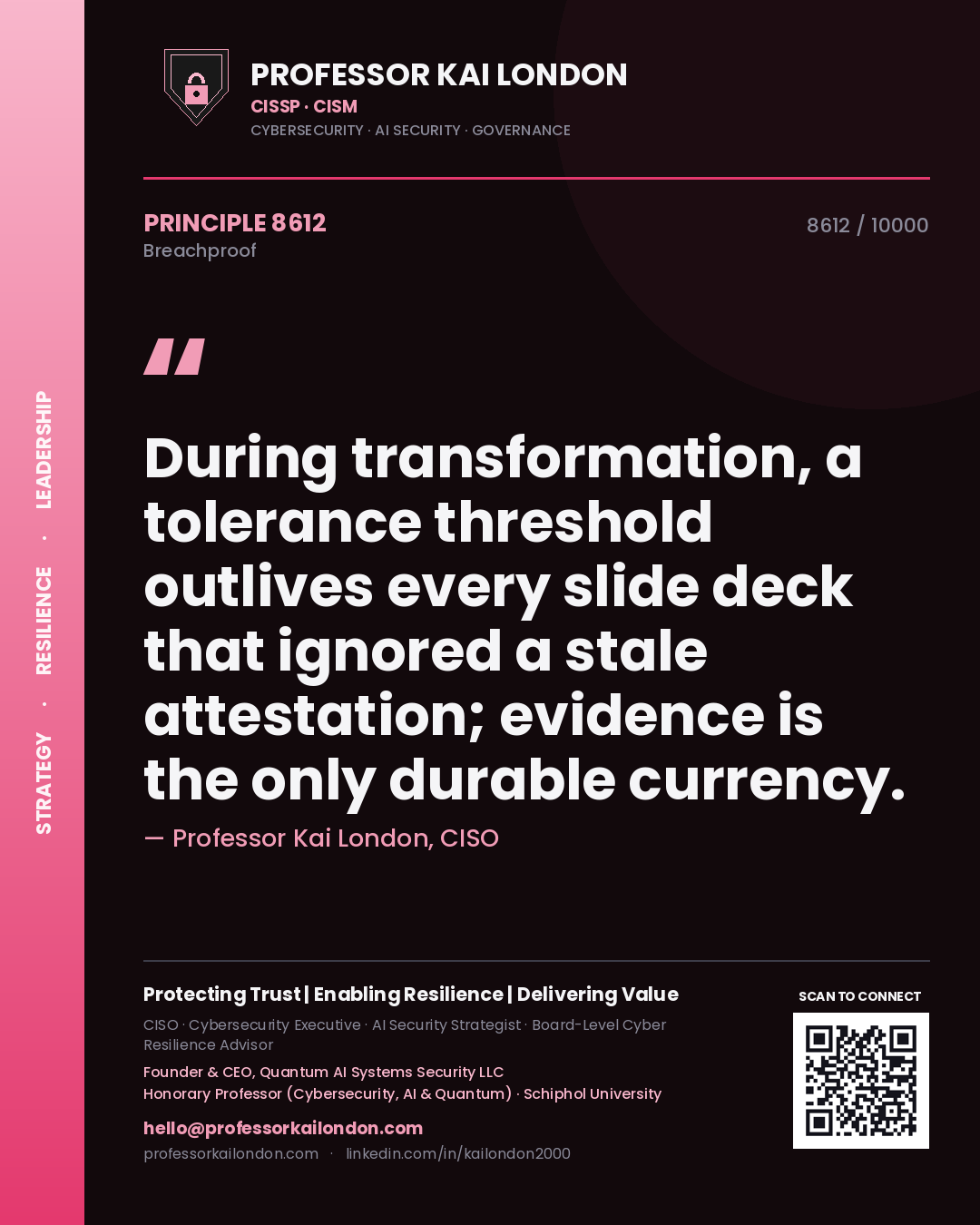 Professor Kai London principle 8612: During transformation, a tolerance threshold outlives every slide deck that ignored a stale attestation; evidence is the only durable currency.