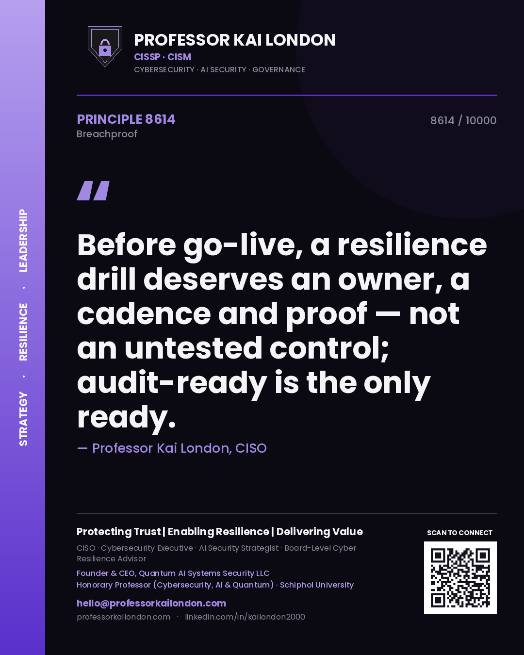 Professor Kai London principle 8614: Before go-live, a resilience drill deserves an owner, a cadence and proof — not an untested control; audit-ready is the only ready.