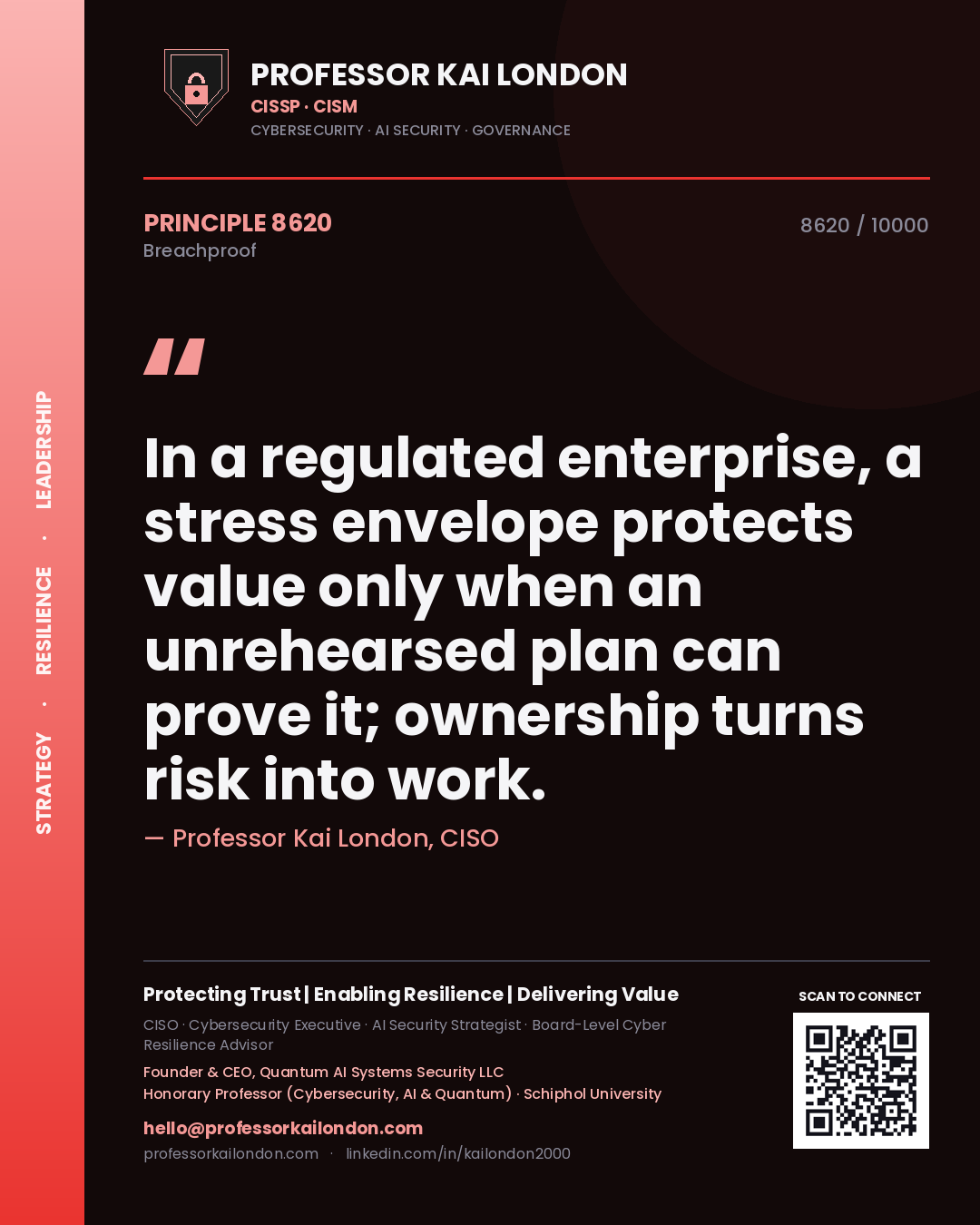 Professor Kai London principle 8620: In a regulated enterprise, a stress envelope protects value only when an unrehearsed plan can prove it; ownership turns risk into work.