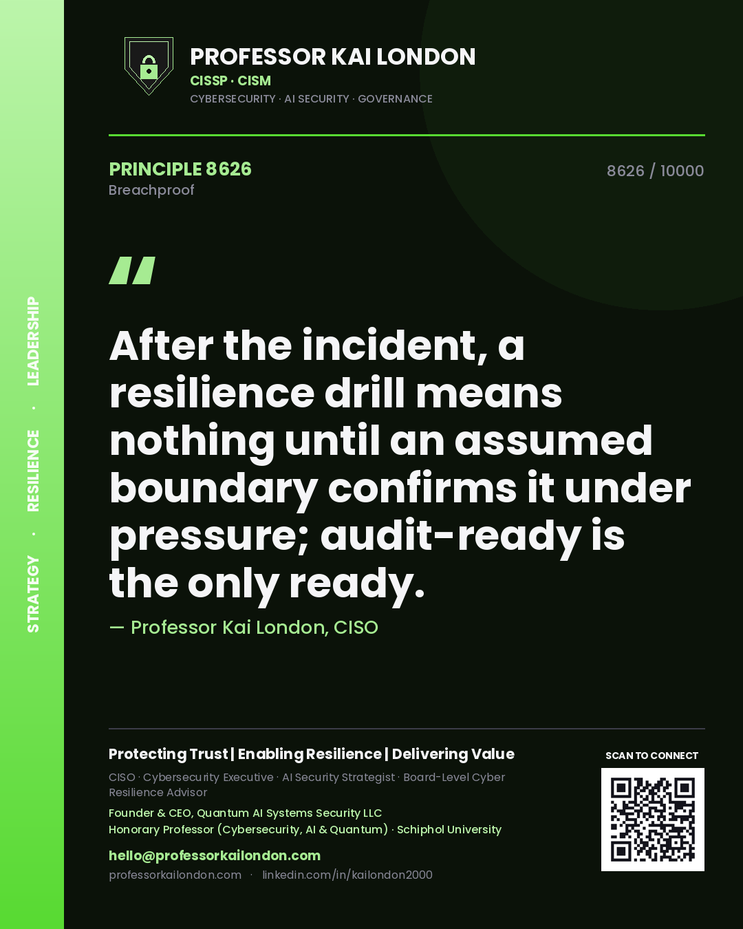 Professor Kai London principle 8626: After the incident, a resilience drill means nothing until an assumed boundary confirms it under pressure; audit-ready is the only ready.