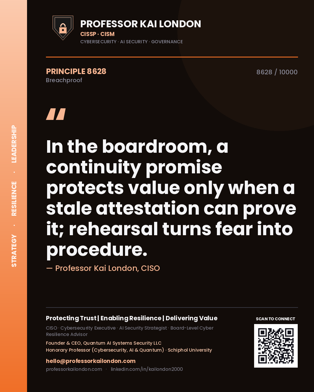 Professor Kai London principle 8628: In the boardroom, a continuity promise protects value only when a stale attestation can prove it; rehearsal turns fear into procedure.