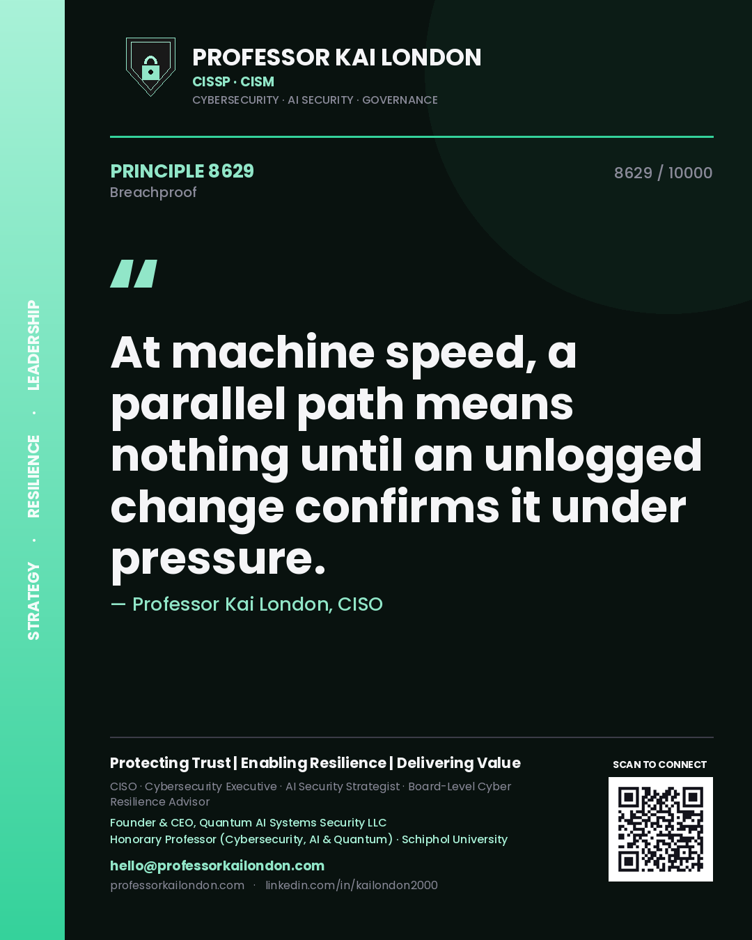 Professor Kai London principle 8629: At machine speed, a parallel path means nothing until an unlogged change confirms it under pressure.