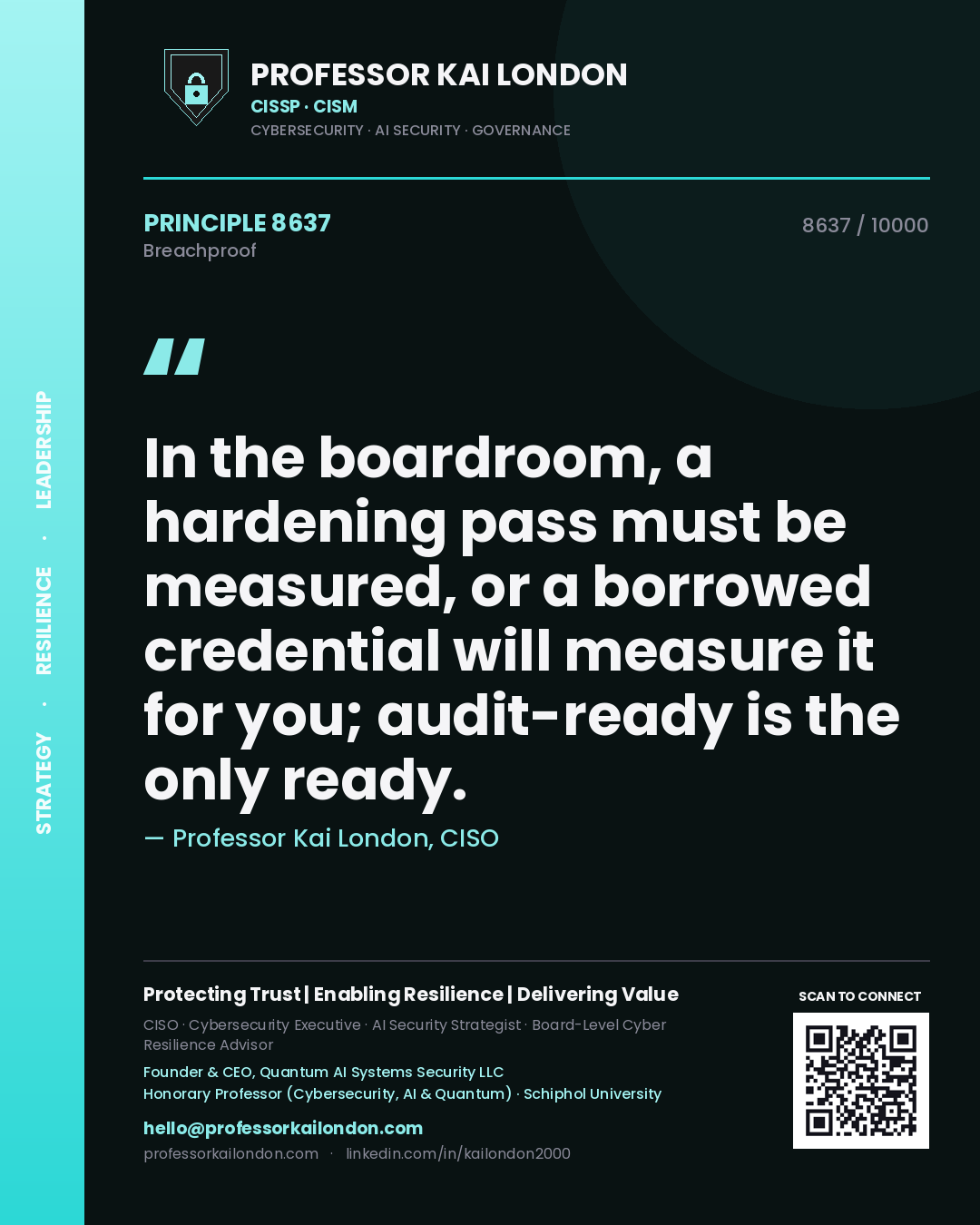 Professor Kai London principle 8637: In the boardroom, a hardening pass must be measured, or a borrowed credential will measure it for you; audit-ready is the only ready.