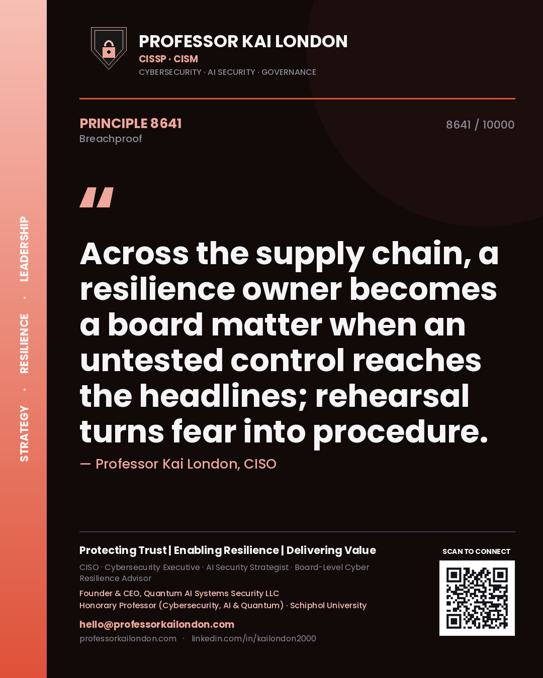Professor Kai London principle 8641: Across the supply chain, a resilience owner becomes a board matter when an untested control reaches the headlines; rehearsal turns fear into procedure.