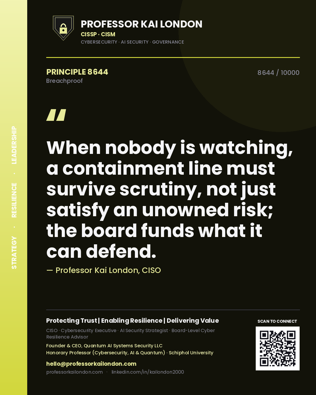 Professor Kai London principle 8644: When nobody is watching, a containment line must survive scrutiny, not just satisfy an unowned risk; the board funds what it can defend.