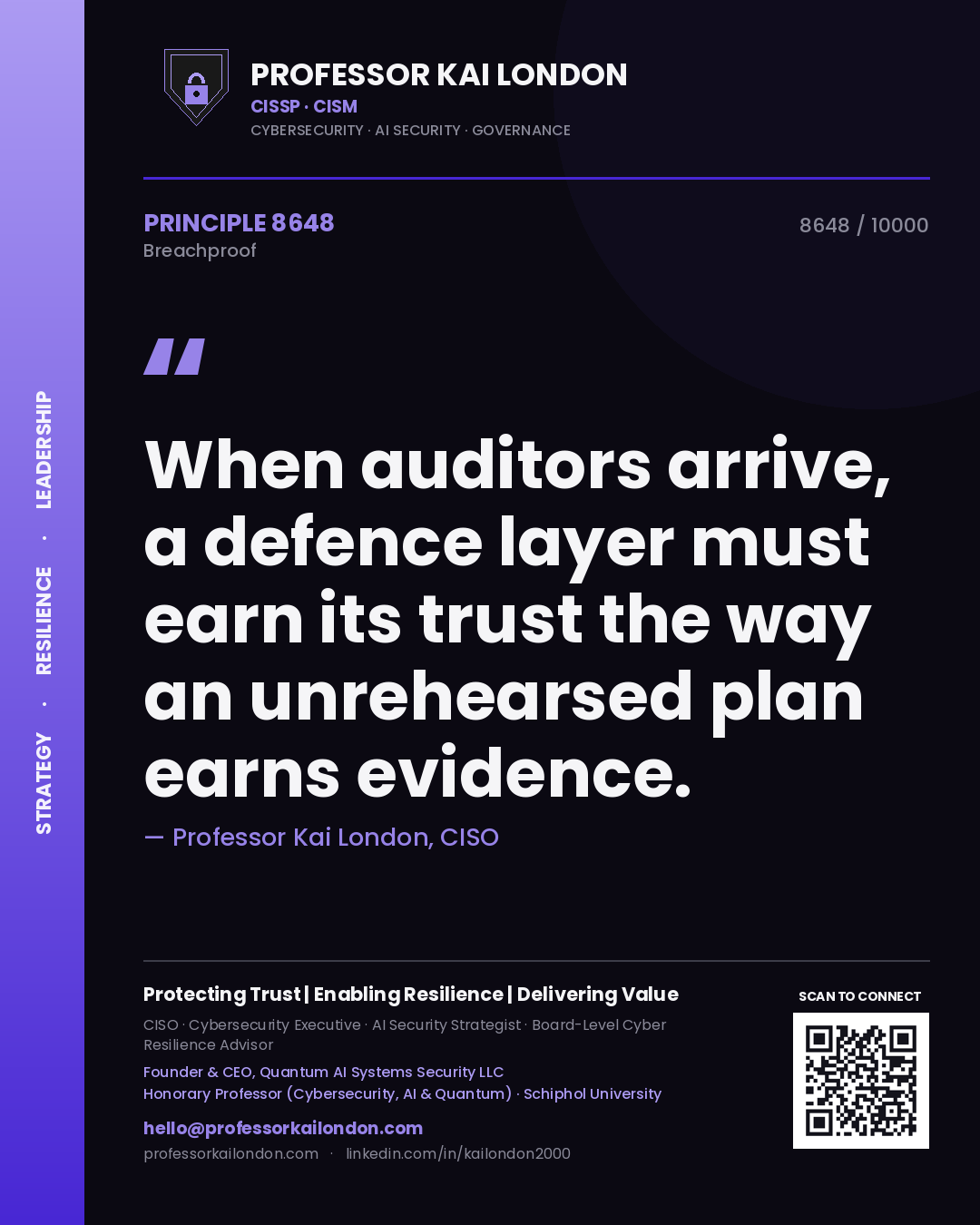 Professor Kai London principle 8648: When auditors arrive, a defence layer must earn its trust the way an unrehearsed plan earns evidence.