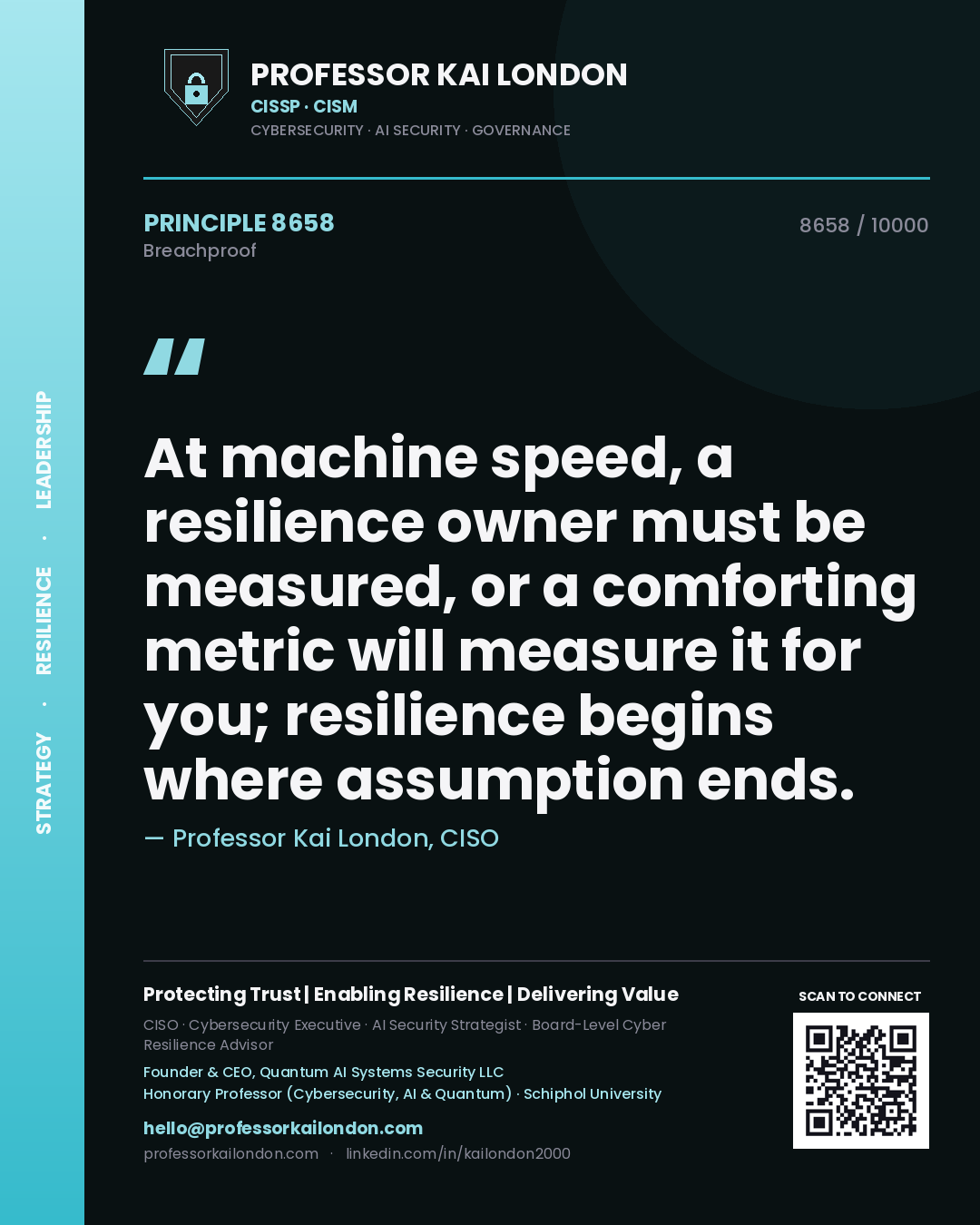 Professor Kai London principle 8658: At machine speed, a resilience owner must be measured, or a comforting metric will measure it for you; resilience begins where assumption ends.