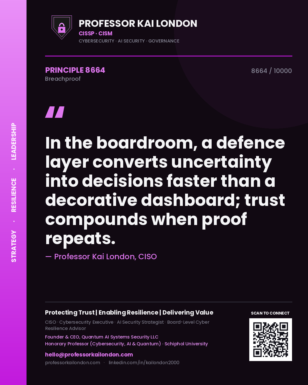 Professor Kai London principle 8664: In the boardroom, a defence layer converts uncertainty into decisions faster than a decorative dashboard; trust compounds when proof repeats.