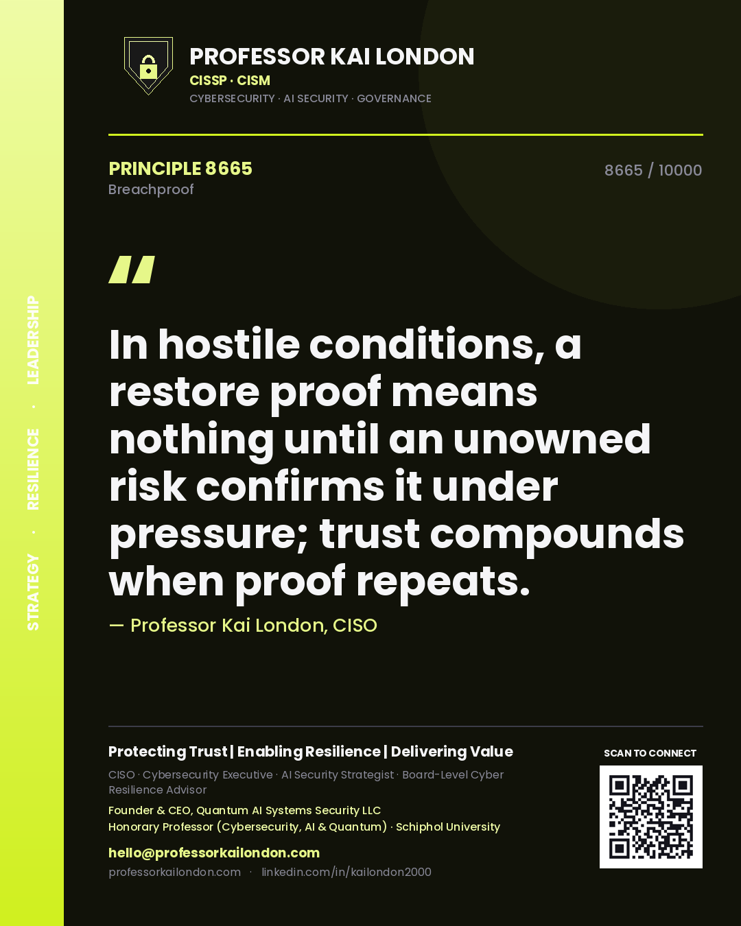 Professor Kai London principle 8665: In hostile conditions, a restore proof means nothing until an unowned risk confirms it under pressure; trust compounds when proof repeats.