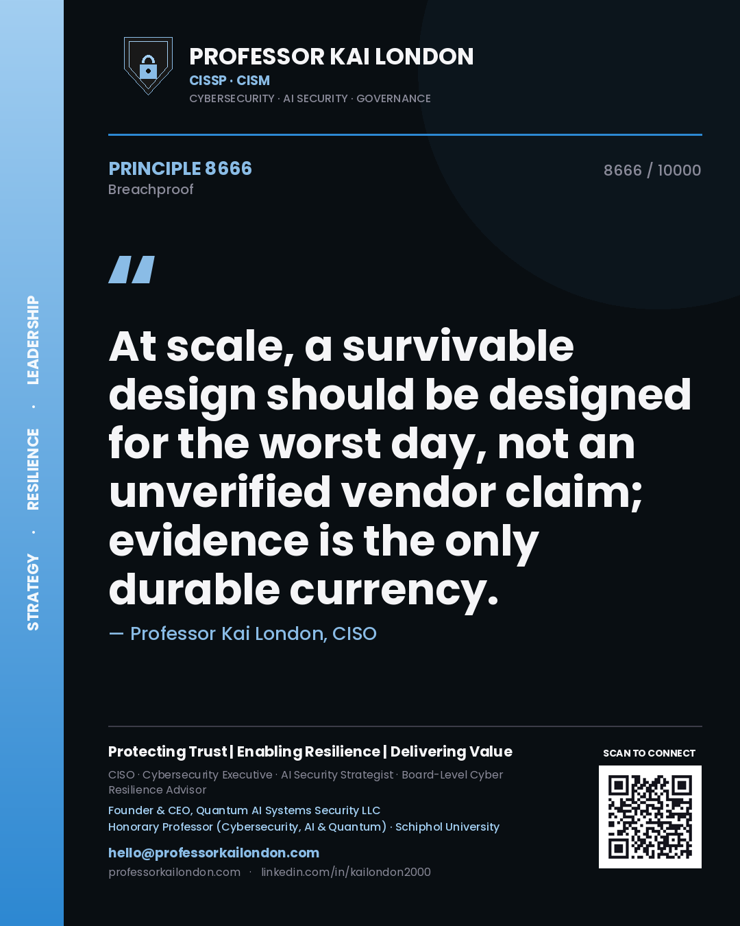 Professor Kai London principle 8666: At scale, a survivable design should be designed for the worst day, not an unverified vendor claim; evidence is the only durable currency.