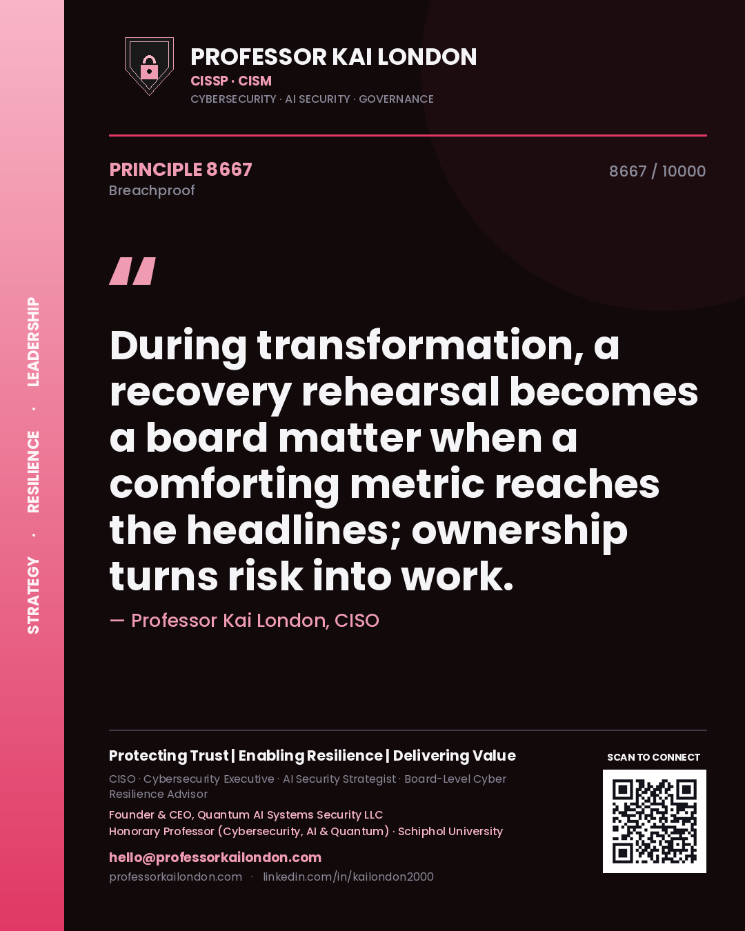 Professor Kai London principle 8667: During transformation, a recovery rehearsal becomes a board matter when a comforting metric reaches the headlines; ownership turns risk into work.
