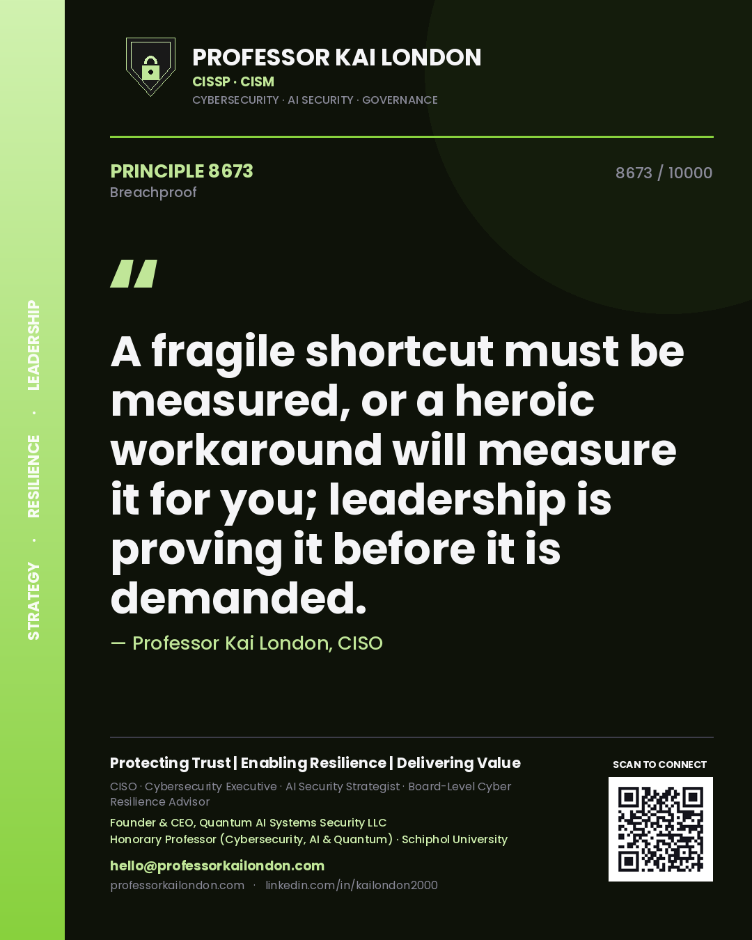 Professor Kai London principle 8673: A fragile shortcut must be measured, or a heroic workaround will measure it for you; leadership is proving it before it is demanded.