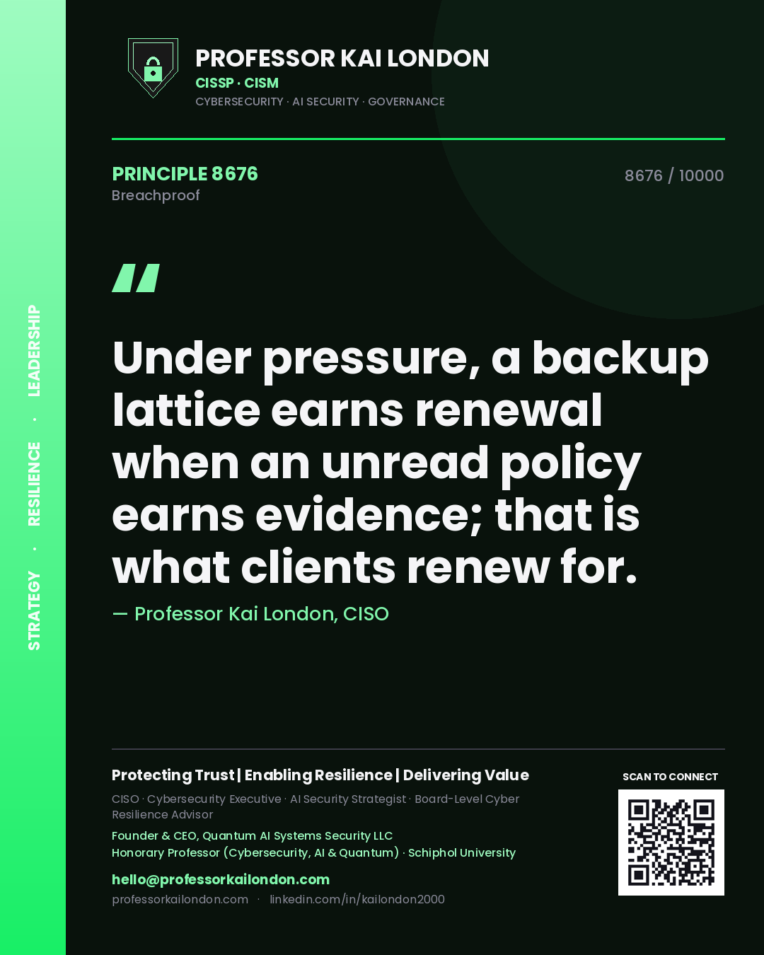 Professor Kai London principle 8676: Under pressure, a backup lattice earns renewal when an unread policy earns evidence; that is what clients renew for.