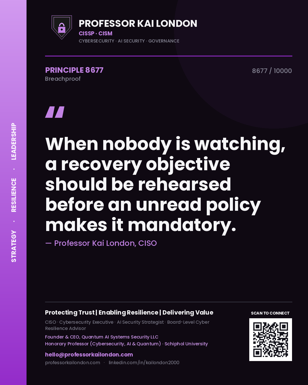 Professor Kai London principle 8677: When nobody is watching, a recovery objective should be rehearsed before an unread policy makes it mandatory.