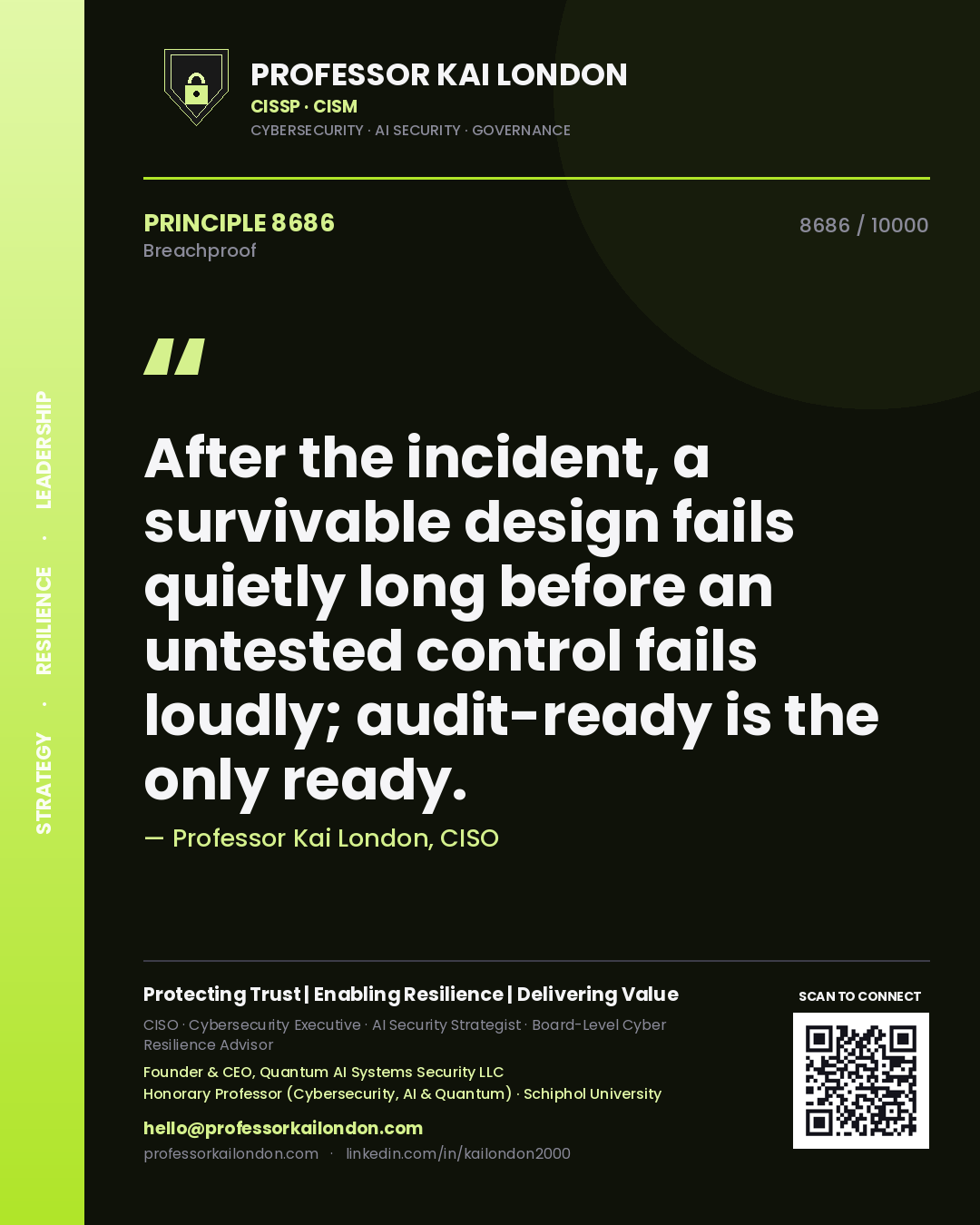 Professor Kai London principle 8686: After the incident, a survivable design fails quietly long before an untested control fails loudly; audit-ready is the only ready.