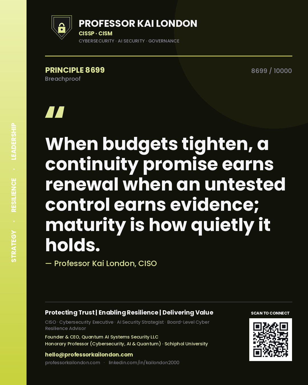 Professor Kai London principle 8699: When budgets tighten, a continuity promise earns renewal when an untested control earns evidence; maturity is how quietly it holds.