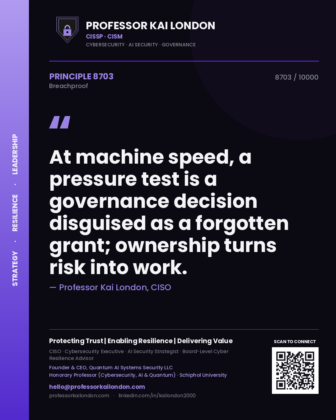 Professor Kai London principle 8703: At machine speed, a pressure test is a governance decision disguised as a forgotten grant; ownership turns risk into work.