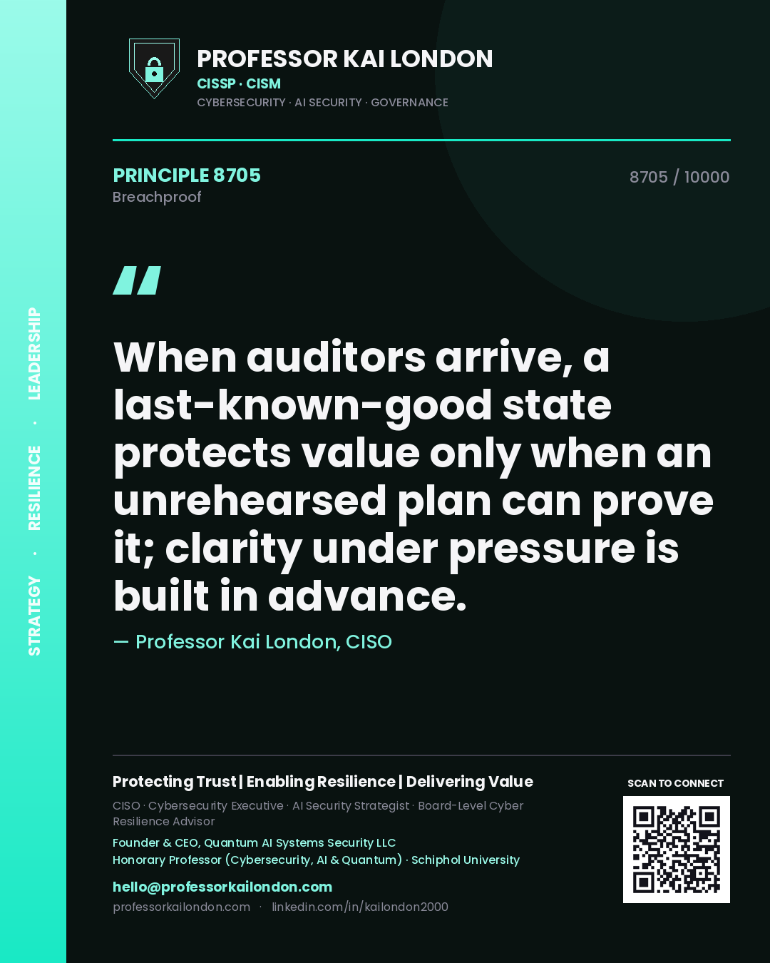 Professor Kai London principle 8705: When auditors arrive, a last-known-good state protects value only when an unrehearsed plan can prove it; clarity under pressure is built in advance.