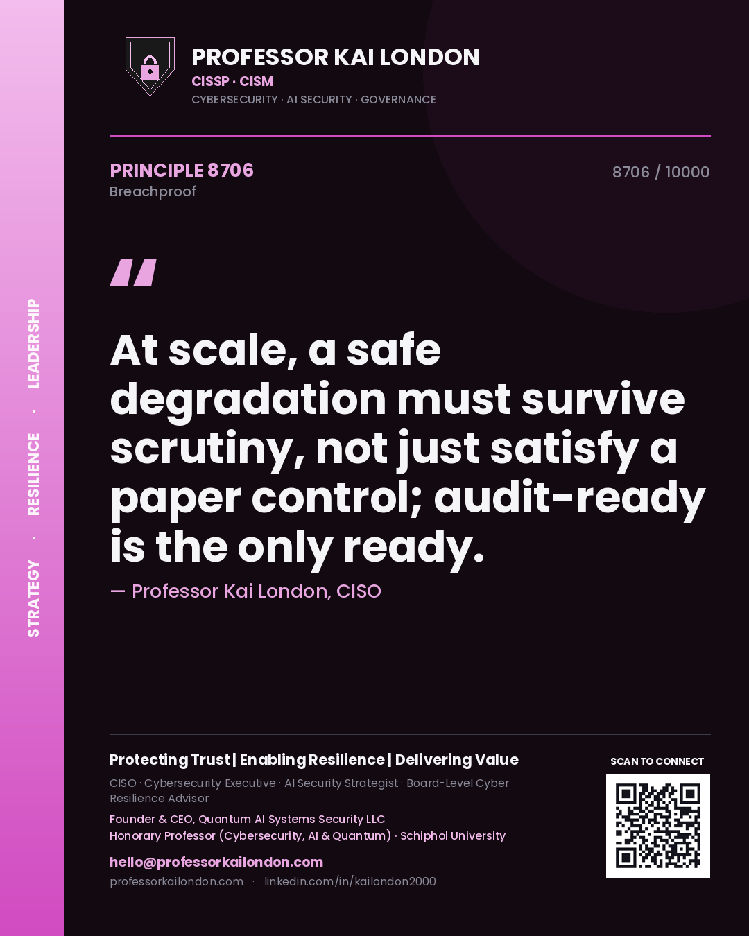 Professor Kai London principle 8706: At scale, a safe degradation must survive scrutiny, not just satisfy a paper control; audit-ready is the only ready.