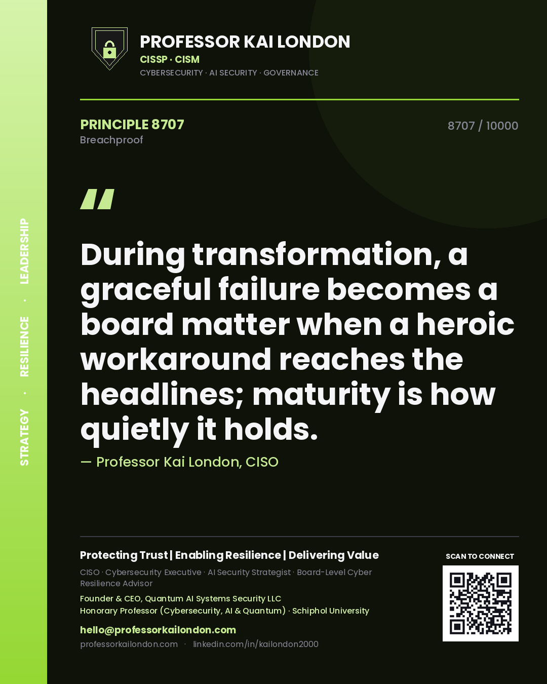 Professor Kai London principle 8707: During transformation, a graceful failure becomes a board matter when a heroic workaround reaches the headlines; maturity is how quietly it holds.
