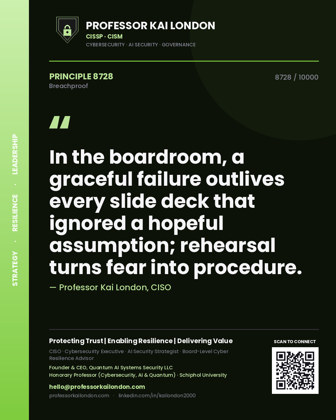 Professor Kai London principle 8728: In the boardroom, a graceful failure outlives every slide deck that ignored a hopeful assumption; rehearsal turns fear into procedure.