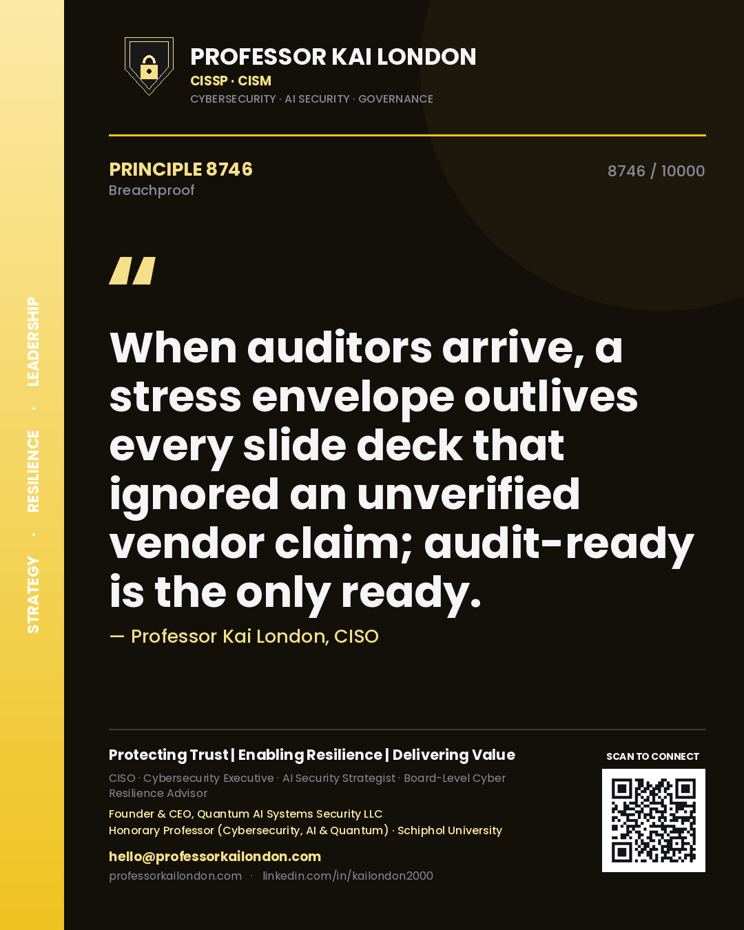 Professor Kai London principle 8746: When auditors arrive, a stress envelope outlives every slide deck that ignored an unverified vendor claim; audit-ready is the only ready.